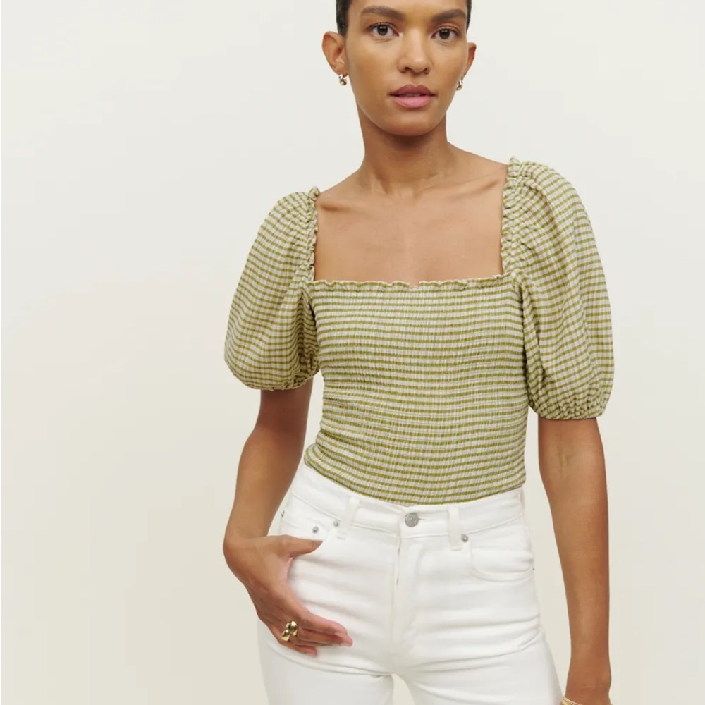 Green Plaid Puff Sleeve Top